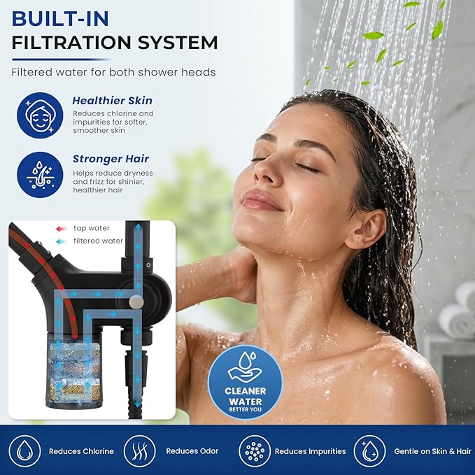 Ryamen Upgraded Dual Shower Heads Combo, 10 inch Filtered Shower Head with Handheld, 3-Way Rain Shower Head with Filters, 7 Settings Handheld Spray, High Pressure, Height Adjustable (Black)