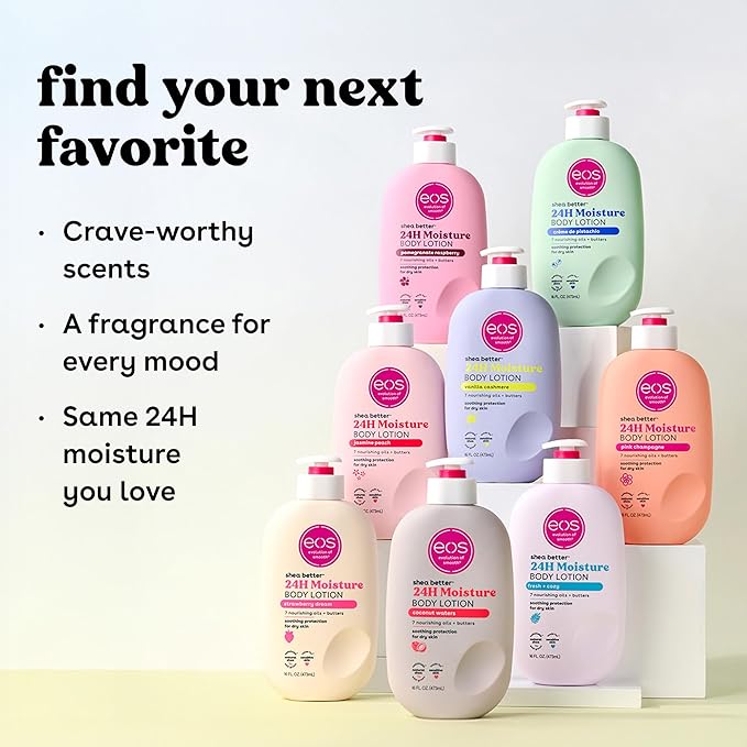 eos Shea Better Body Lotion Jasmine Peach, 24-Hour Moisture Skin Care, Lightweight & Non-Greasy, Natural Shea, Vegan, 16 fl oz