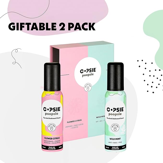 Oopsie Poopsie Toilet Spray – Before & After You Go Bathroom Odor Eliminator & Neutralizer Spray, Travel Size with Essential Oils, TSA Approved – Flower Citrus/Wild Mint 2 Pack – 2 Oz.