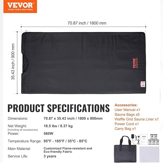 VEVOR Sauna Blanket for Detoxification, Portable Far Infrared Sauna for Home Relaxation, 1-6 Level Adjustable Temprature Rannge 95-185℉, 1-60 Minutes Timer, Far Infrared Carbon Heating Sauna Bag