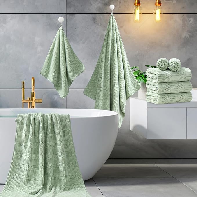 8 Piece Sage Green Bath Towels Set,2 Oversized Large Bath Sheets,2 Hand Towels and 4 Washcloths,600 GSM Soft Fluffy Luxury Towel Set,Highly Absorbent Quick Dry Towel Collection for Bathroom,Home,Hotel