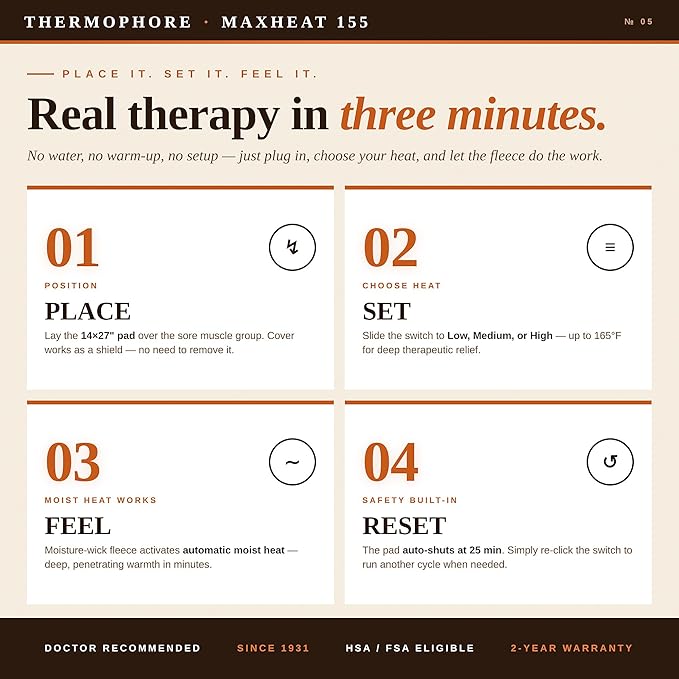 Thermophore MaxHEAT Automatic Moist Heating Pack Model 155 – Large 14" x 27" XL Heating Pad, Deep Moist Heat Therapy for Muscle, Back & Joint Pain Relief, Electric, Heavy Weighted Design