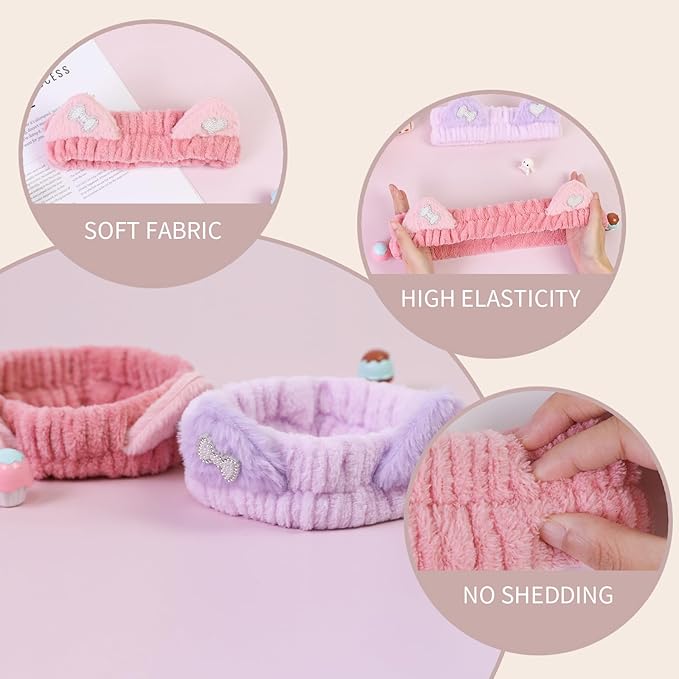 Spa Headband for Washing Face, 2 Pack Cute Cat Ear Hair Band for Shower Yoga Beauty, Fluffy Makeup Headband, Kawaii Facial Headbands for Woman Girls, Dark Pink+Purple Heart