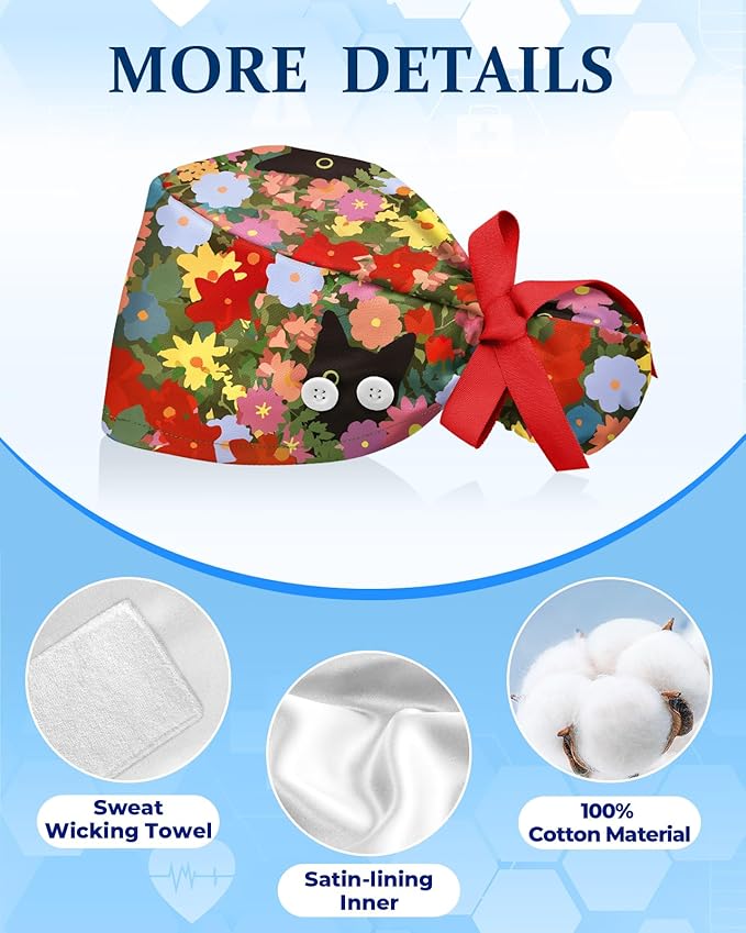 Plifal 100% Cotton Scrub Cap with Buttons-Nurse Cap with Sweatband for Women, Adjustable Working Hat,Satin Lined or Unlined