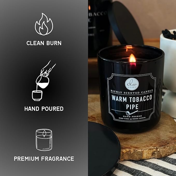 DW Home Warm Tobacco Pipe Scented Candles, 15 oz Large Double Wick Jar, Up to 56 Hour Burn Time, Hand-Poured, Strong Long Lasting Woodsy Fragrance, Gifts for Men & Women