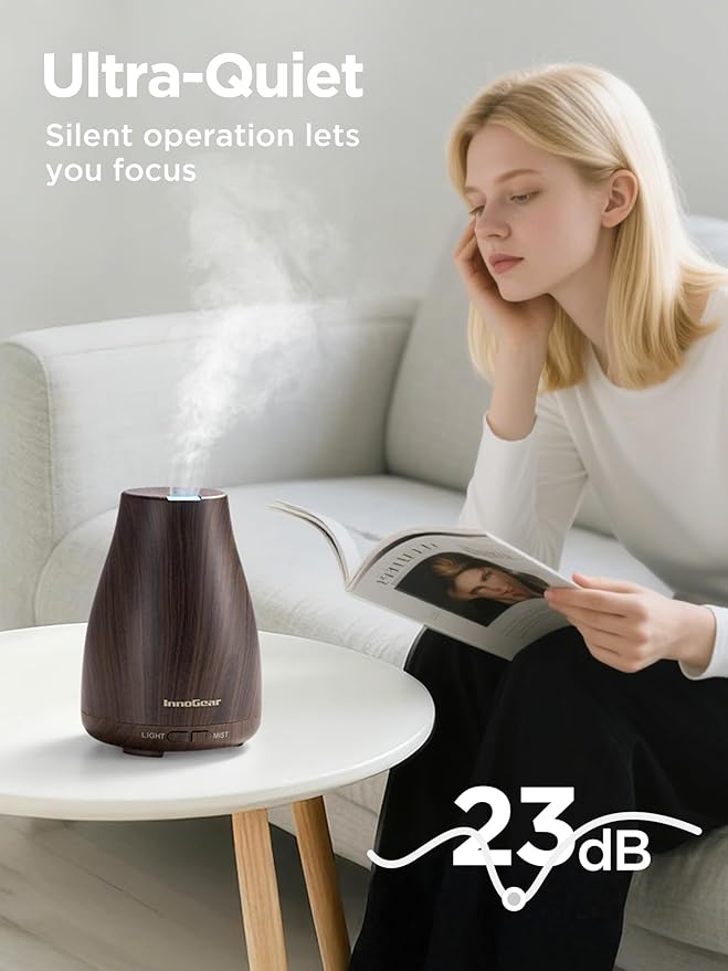 InnoGear Essential Oil Diffuser, Ultrasonic Diffusers for Home Aromatherapy Humidifier for Mother's Gift Bedroom Room 7 Colors LED 2 Mist Mode Auto Off, Brown