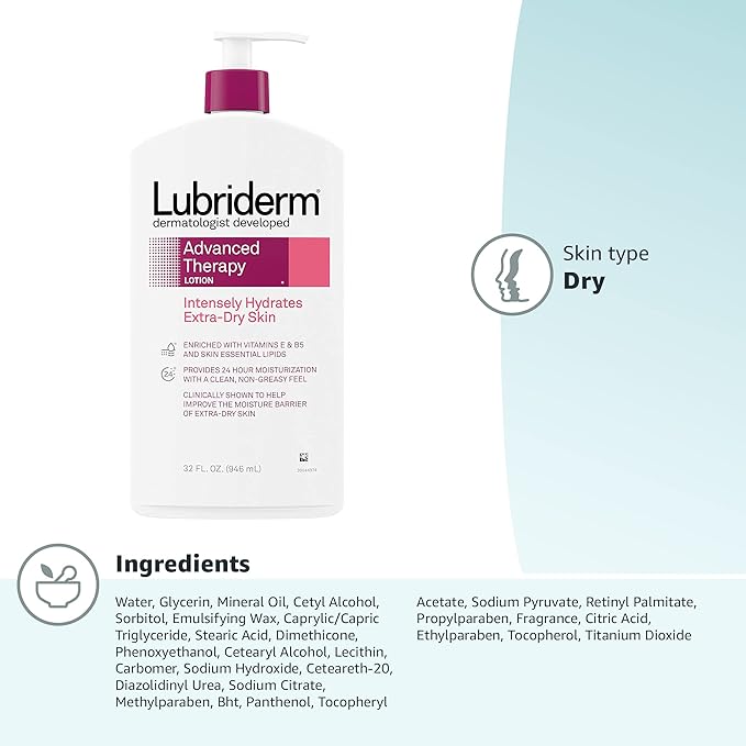 Lubriderm Advanced Therapy Fragrance-Free Moisturizing Hand & Body Lotion + Pro-Ceramide, Intense Hydration for Itchy, Extra Dry, & Sensitive Skin, Non-Greasy, Hypoallergenic, 32 fl. oz (Pack of 6)