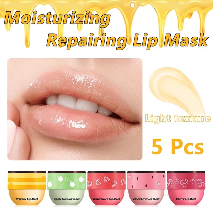 5 PCs Bee Balm Lip Mask, Moisturizing Lip Balm & Scrubs, Hydrating, Prevents Dry & Cracked Lips - Strawberry & Watermelon Flavors