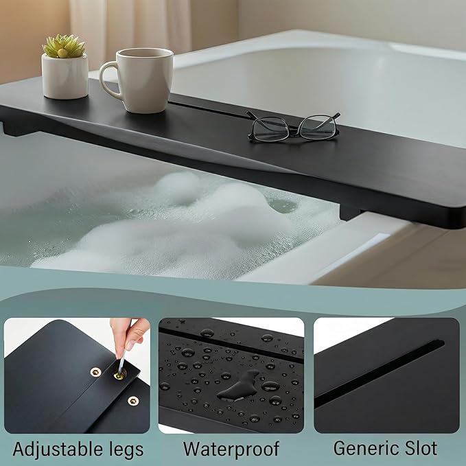 Elegant Black Bamboo Bathtub Tray Caddy for Freestanding Tub, 35" L Adjustable Bath Tray for Tub, Luxury Spa Bathroom Tray Organizer Table, Bath Tub Accessories for Women, Housewarming, Birthday Gifts