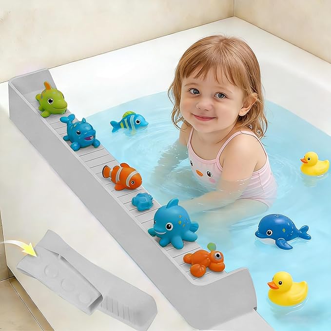 Bathtub splash guard for tub kids& Bath Shelf for Kids – Toddler Bath Tray, Bath Toys Storage & Ledge Organizer – Splash Guard for Bathtub with Suction Cups – Kids Bathroom Accessories(2.6FT, Grey)