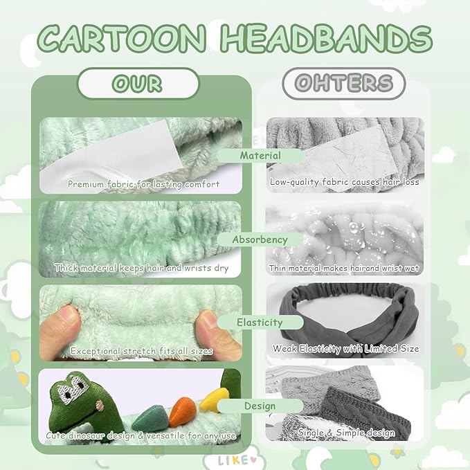 Funny Dinosaur Headband Cute Animal Cat Duck Frog Dinosaur Snail Kawaii Spa Headband Hair Accessories for Washing Face Shower Sports Beauty Skincare (Style 19)