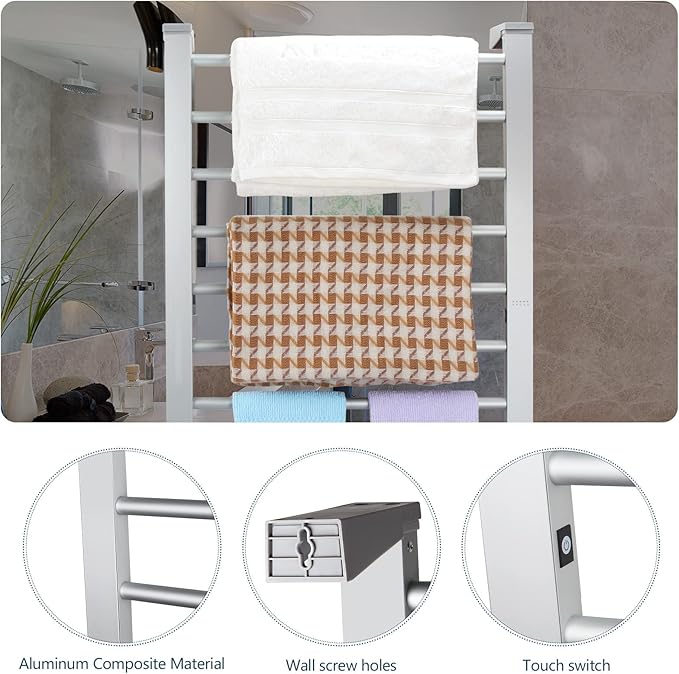 ELEGANTLIFE Electric Towel Warmer for Bathroom, Heated Towel Rack with Timer & Auto Shut-Off, Freestanding or Wall-Mounted Aluminum 8-Bar Design for Towels and Bath Sheets