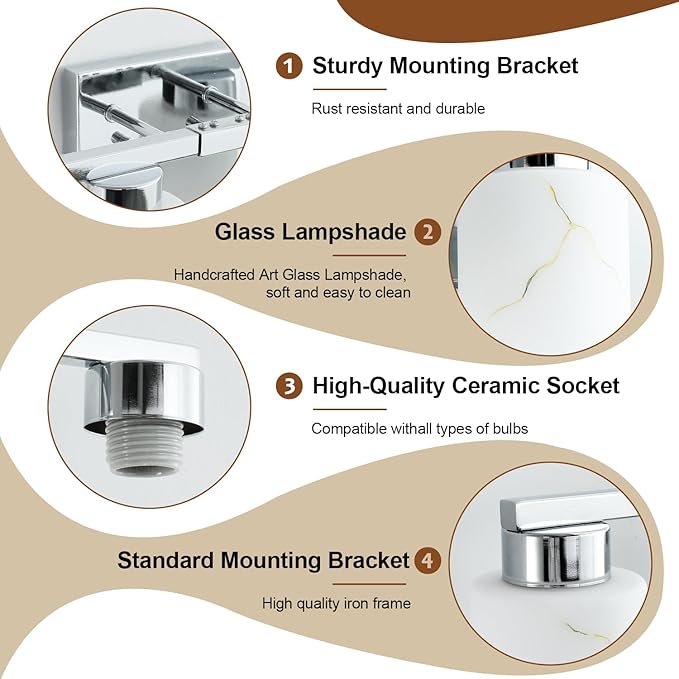 5-Light Bathroom Light Fixtures, Modern Vanity Lights, Chrome Metal Wall Lamp with White Marble Glass for Bathroom, Mirror, Living Room, Bedroom, Cabinet, Porch, Hallway, E26 Base