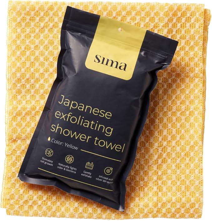 Exfoliating Washcloth Face & Body Scrub Towel - Japanese Exfoliating Towel with Hexagon Fibers, Body Scrubber with 2 Sides for Scrubbing & Washing, Extra Long Towels (Yellow, 3 Pack)