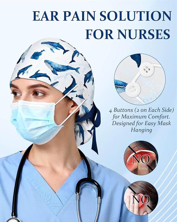 Plifal 100% Cotton Scrub Cap with Buttons-Nurse Cap with Sweatband for Women, Adjustable Working Hat,Satin Lined or Unlined