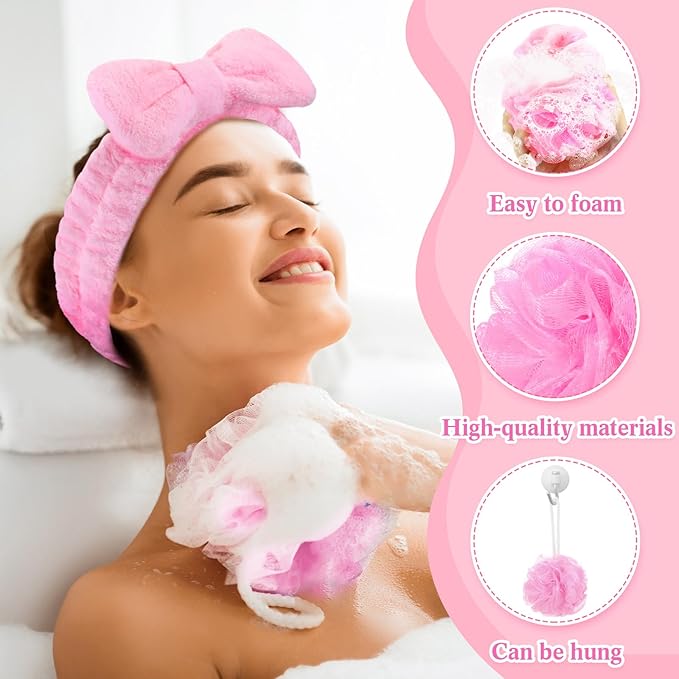 Moucuny 42 Pcs Summer Spa Sleepover Party Supplies Bulk for Women Include 6 Pink Hairbands 6 Eye Masks 12 Wristbands 6 Bath Loofahs 6 Pairs Disposable Slippers 6 Organizer Bags(Classic)