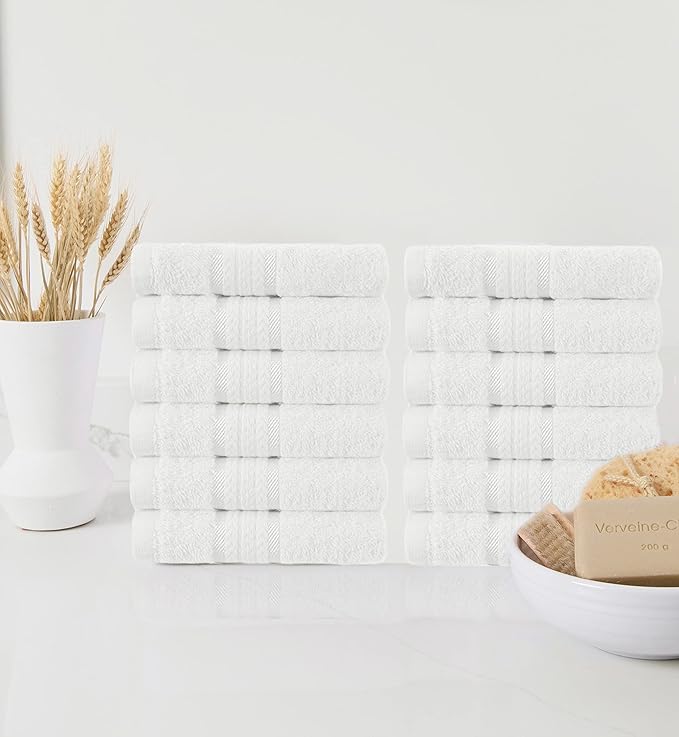 COTTON CRAFT Ultra Soft Washcloths - 12 Pack - 12x12-100% Cotton Facecloths - Baby Wash Cloths - Absorbent Quick Dry Everyday Luxury Hotel Bathroom Kitchen Spa Gym Pool Dorm - 580 GSM - White