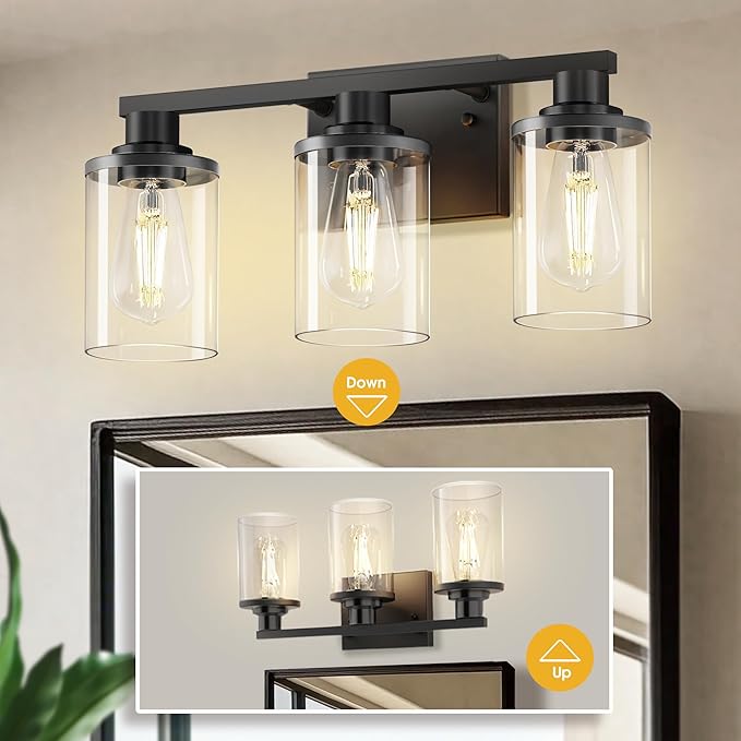 L LOHAS LED 3-Light Bathroom Vanity Light, 17 Inch Matte Black Bathroom Lighting with Clear Glass Shade, Modern Vanity Light Fixtures Over Mirror for Living Room, Hallway