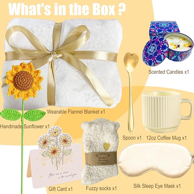 Gift Baskets for Women, Self Care Package, Birthday, Sunflower Get Well Soon, Thinking of You, for Mom Wife Sister Best Friend with Flannel Blanket Shawl