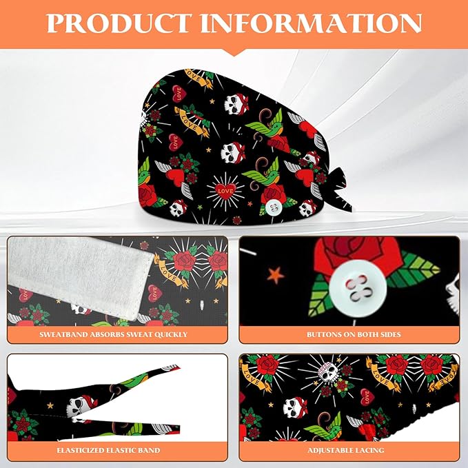 Adjustable Scrub Cap with Buttons & Sweatband, Working Hat with Elastic Tie Back, Unisex Nurse Surgical Caps for Women & Men