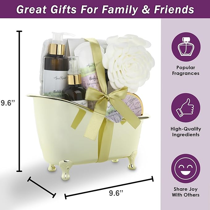 Aqua Elegante Spa Gift Basket - Luxury Bath Set with Body Wash, Bubble Bath, Lotion, Salts, Scrub, Spray, Shower Puff, Towel, Gifts for Women, Mom, Wife, Her - Lavender & Tea Tree Oil
