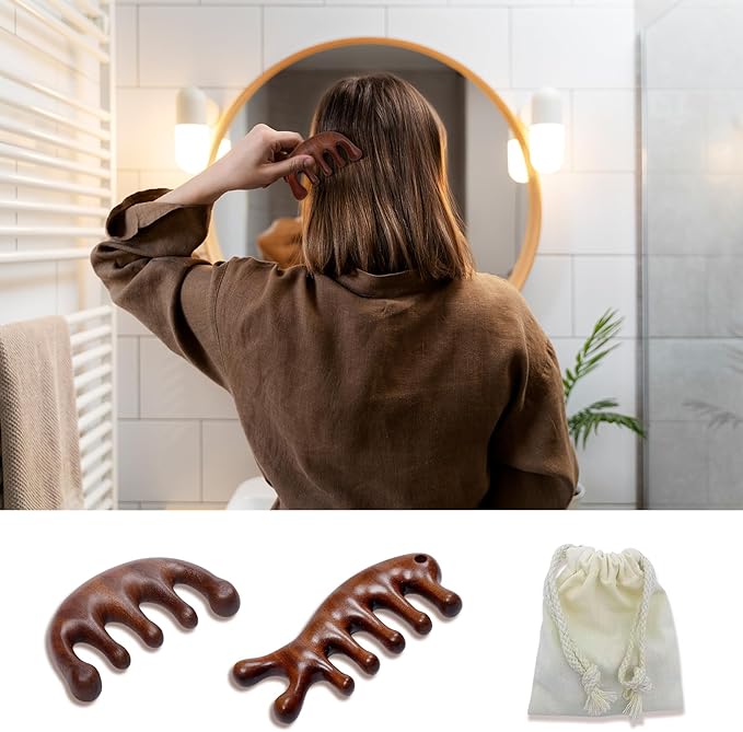 2 Pack Wooden Head Scalp Massager Comb, Sandalwood Scalp Massage Wood, Head Massager Gua Sha Tool Brush for Women Men Hair Growth