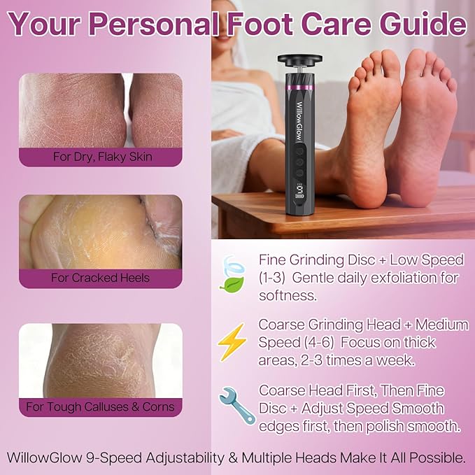Professional Electric Foot Callus Remover, 9-Speed Cordless Foot File with Reusable Nano Glass Heads & Sandpaper for Dead Skin Removal and Smooth Feet