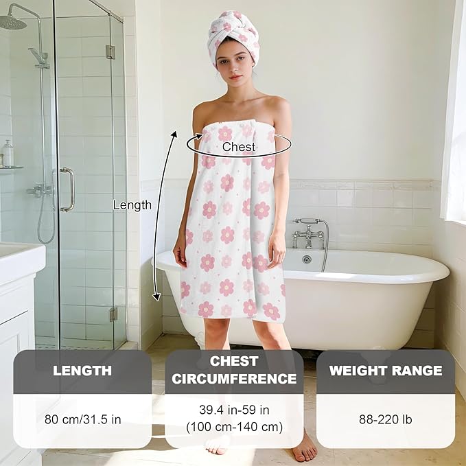 Absorbent Bath Towel Wrap Set for Women, Pink Flowers Print Towel Wrap After Shower, Microfiber Shower Robe Body Towel Wraps for Women, Quick Dry Hair Towels Wraps for Spa Hotel Beach Girl