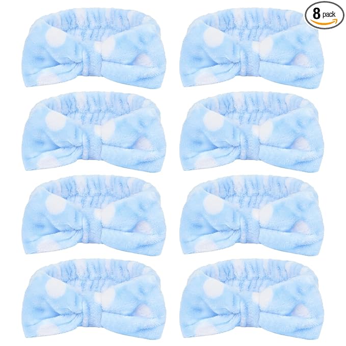 CIEHER 8 Pcs Spa Headbands for Women & Girls, Blue Dot Spa Headbands for Bachelorette Party, Sleep Party & Face Wash, Bachelorette Gifts for Bridesmaids