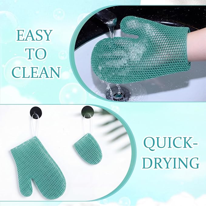 Karenhi 2 Pcs Honeycomb Exfoliating Glove Set Exfoliating Bath Mitt Honeycomb Face and Body Scrubber Shower Mitt for Cleaning Body Shower Face Skin Beauty Spa, Quick Drying (Green)