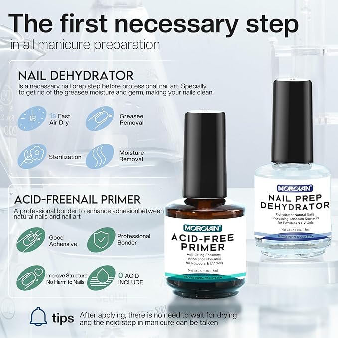 Morovan Professional Natural Nail Prep Dehydrate and Acid-Free Primer, Dehydrator for Acrylic and Gel Nail Polish, Non Acid Primer for UV Gels Fast Dry Superior Bonding Agent Gift Box Set