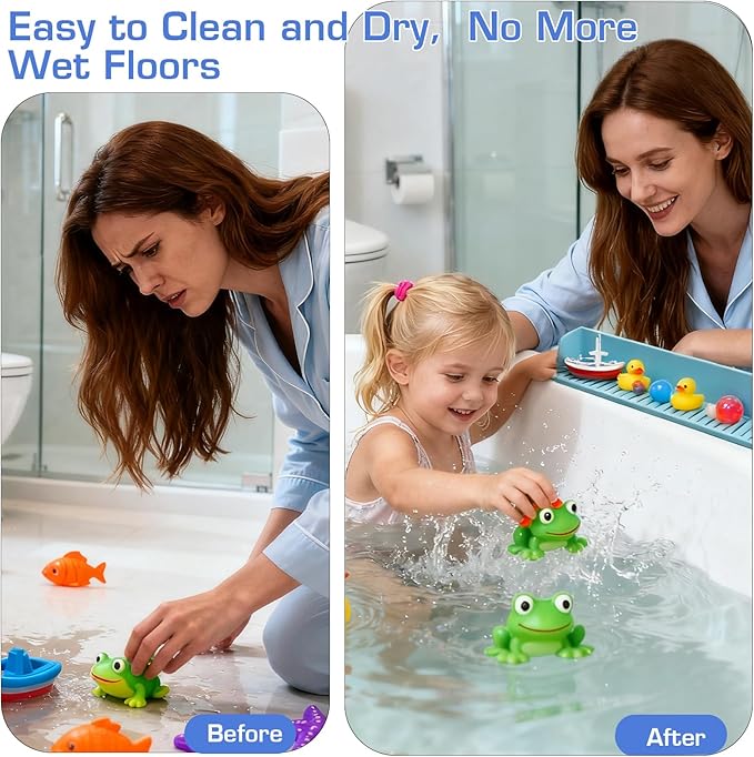 31.5" Bathtub Splash Guard for Kids & Toddlers - Silicone Play Shelf & Toy Storage Tray with Strong Suction Cups to Prevent Water Spills, No-Leak Fun Bath Time - Tub Toy Holder Ledge,Blue