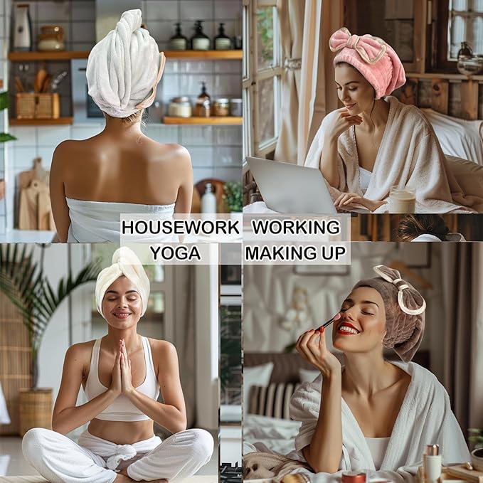 Jseng Microfiber Hair Towel Wrap for Women with Cute Bowtie, 2Packs Fast Drying Hair Towel Hair Turbans for Curly Long Wet Hair