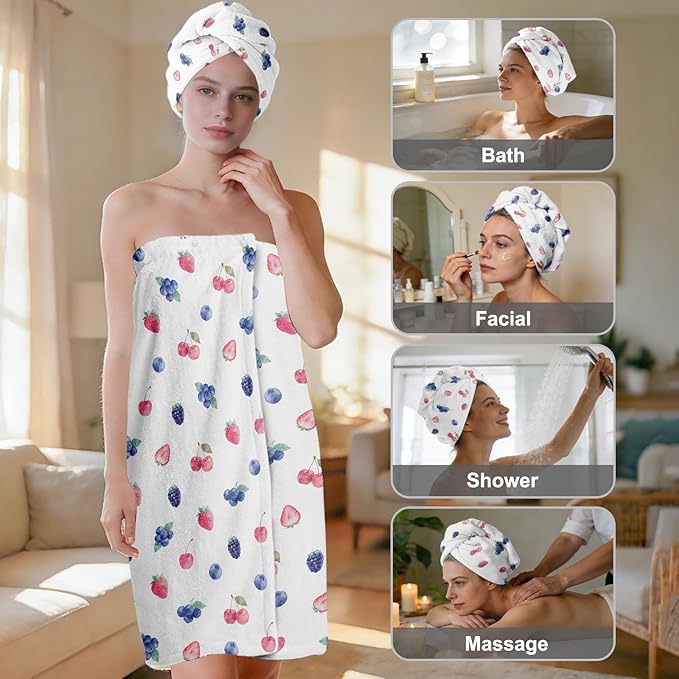 Absorbent Bath Towel Wrap Set for Women, Berries Print Towel Wrap After Shower, Microfiber Shower Robe Body Towel Wraps for Women, Quick Dry Hair Towels Wraps for Spa Hotel Beach Girl Teen