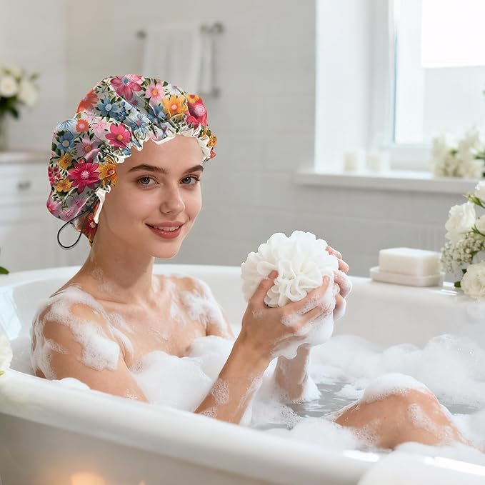 Shower Cap Reusable Double Layer Adjustable Elastic Waterproof EVA Hair Bath Caps for Women Girls Cute Aesthetic-Flowers