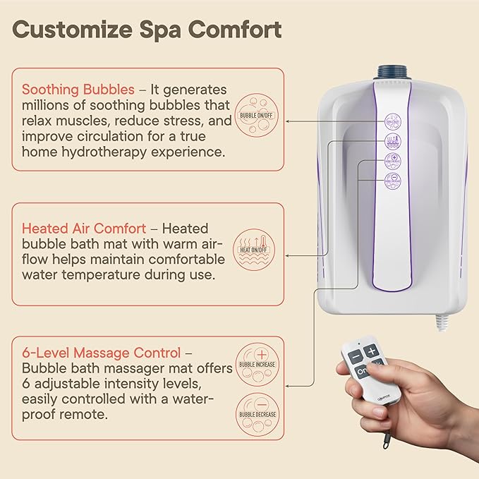 Bubble Bath Massager Mat for Bathtub, 47.24" x 14.57" Full-Body Heated Air Spa with 6-Level Adjustable Bubbles, Non-Slip Waterproof Design, Remote Control, for Stress, Muscle Relief & Relaxation,