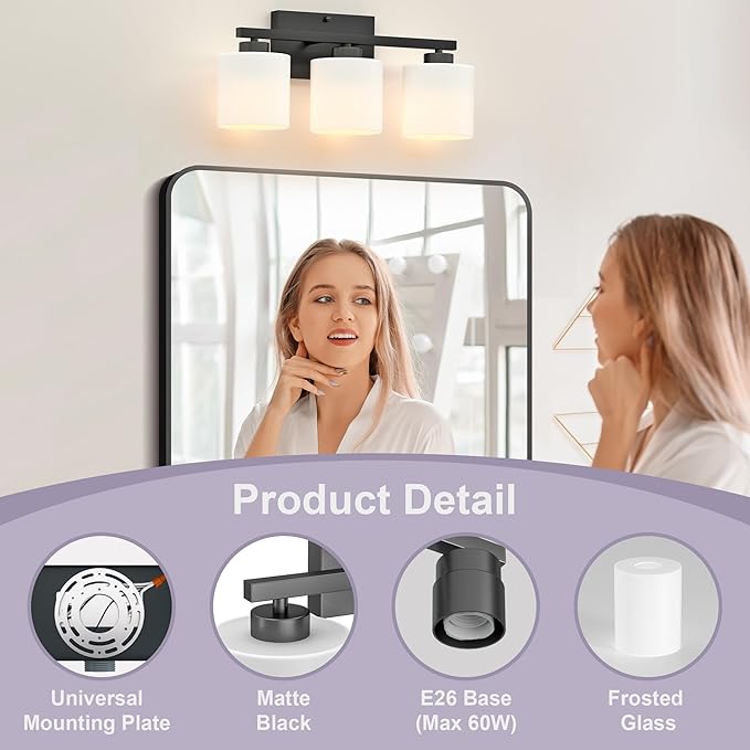 Honesorn Bathroom Light Fixtures Black, 3-Light Bathroom Vanity Light Over Mirror, Modern Vanity Lights for Bath Room with Frosted Shade & Anti-Rust Nickel Finished, E26 Base Lighting