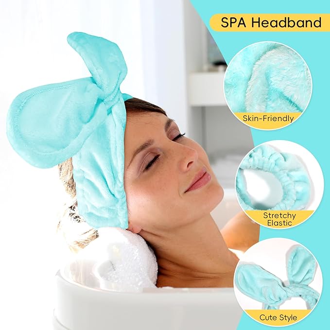 my novel things Face Wash Headband Set Adjustable Makeup Hair Headbands, Cute Spa Skincare Headband and Wristband Set 4PK, Ideal for Face Washing Coral Velvet for Girl Women Gift