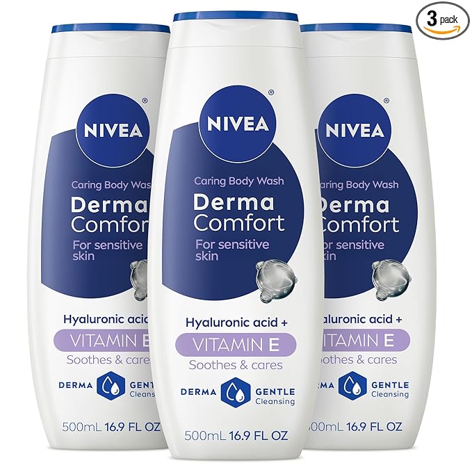 NIVEA Derma Comfort Caring Body Wash for Sensitive Skin, Body Wash with Hyaluronic Acid, Mothers Day Gifts, 16.9 Fl Oz Bottle, Pack of 3