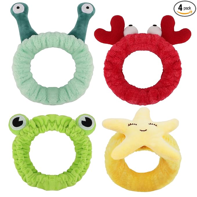 YISSION 4PCS Cute Animal Facial Headbands for Women & Girls, Plush Spa Headbands with Snail, Crab, Frog, Starfish Designs, Soft Hair Bands for Washing Face, Skincare & Makeup