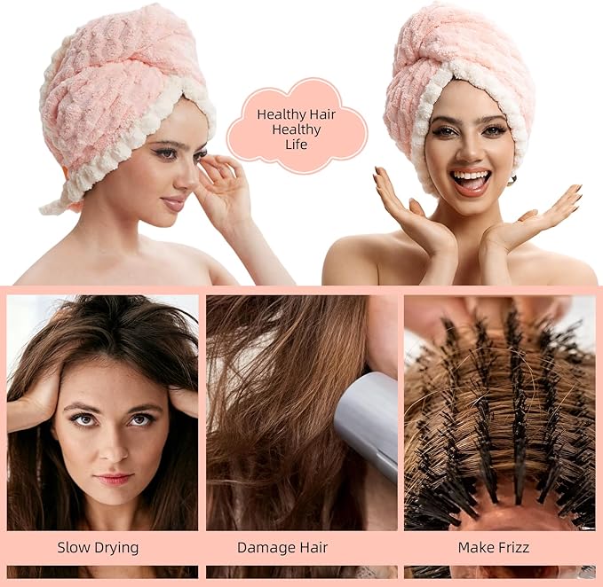 Hair Drying Towels, 19.7x31.5 inch Hair Towels with Elastic Strap, Extra Large Hair Towel Wrap for Women, Super Soft Hair Drying Towels for Long, Thick, Curly Hair, Anti-Frizz Turbans, PINK Color.
