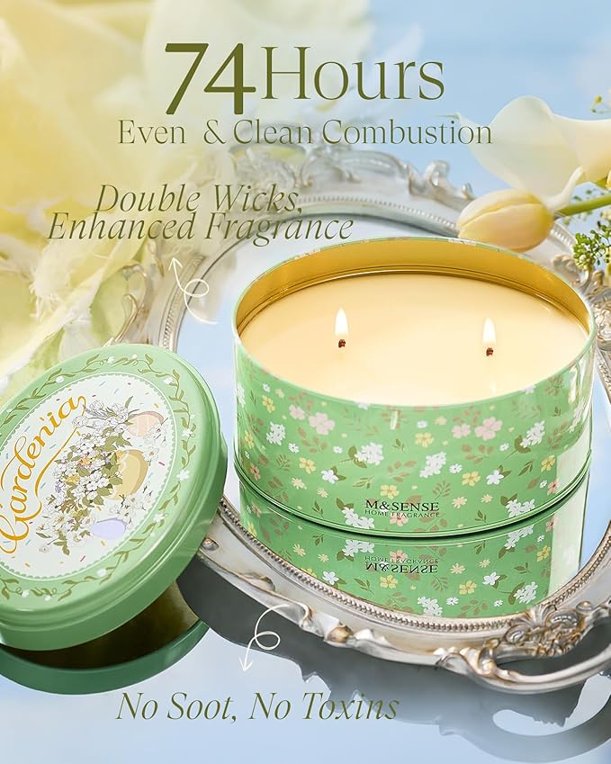 M&SENSE Two-Wicks Gardenia Scented Candles 12oz,2 Wick Soy Spring Soy Candle,Mother's Day Candle, Natural Soy Wax for Home Scented, Floral Scented Birthday Candles for Her
