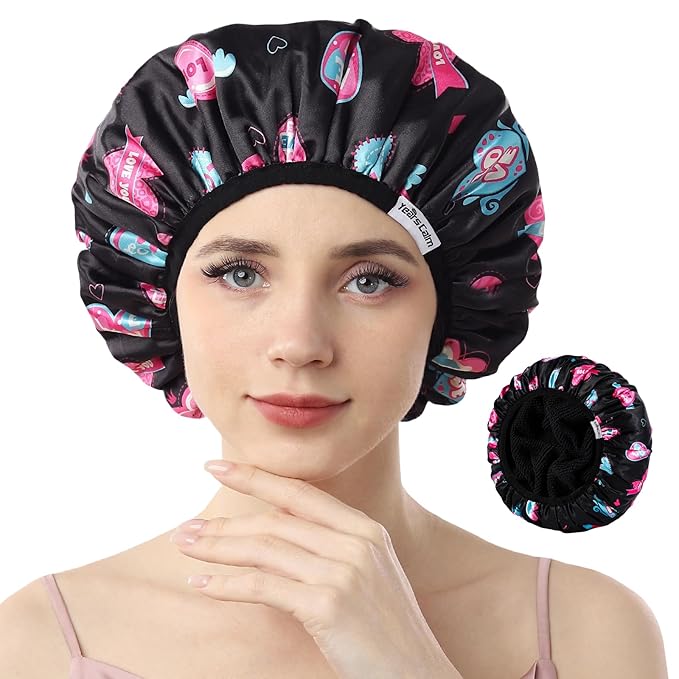 Years calm Terry Lined Shower Cap, Triple Layer Heart Motifs,Waterproof Reusable Elastic,Hair Shower Cap for Women,Terry Cloth Shower Caps for Spa,Clean,Trave (Black, One Size)