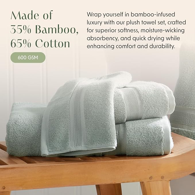 Springtree Home Luxury Bamboo Rayon Bath Towel Set 6 Piece Set | 35% Bamboo Rayon - 65% Cotton | Absorbent Quick-Dry Towels for Bathroom | Oeko-TEX Standard 100 Cotton | Eucalyptus