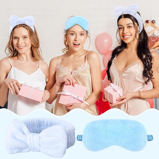 Jexine 24 Pcs Spa Slumber Party Headband Plush Sleep Eye Mask Bulk Bow Hair Band Makeup Headband for Sleepover Birthday Party Supplies Graduation Mother's Day Gift(Blue)