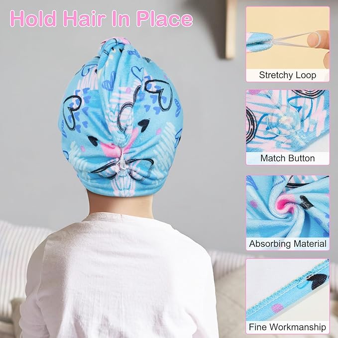Basumee Microfiber Hair Towel Wrap for Kids 2 Pack Rapid Drying Hair Towel with Button Hair Turbans for Wet Hair Wraps Head Towel Wrap for Women and Girls, Blue and Purple Love