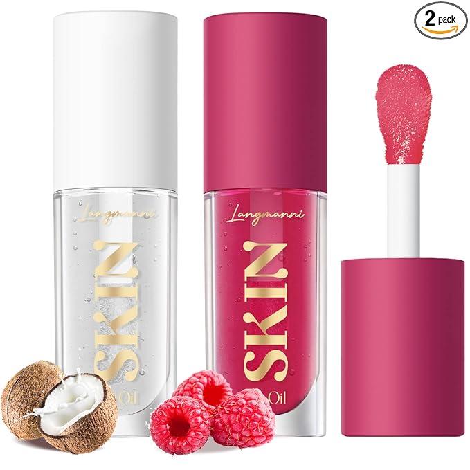 LANGMANNI Moisturizing Lip Oil,No-Sticky Lip Gloss Lip Balm Lip Care,Fruit Flavoured Lip Oil For Dry Lip's Moisturizing Hydrating And Nourishing ((Raspberry+Coco))