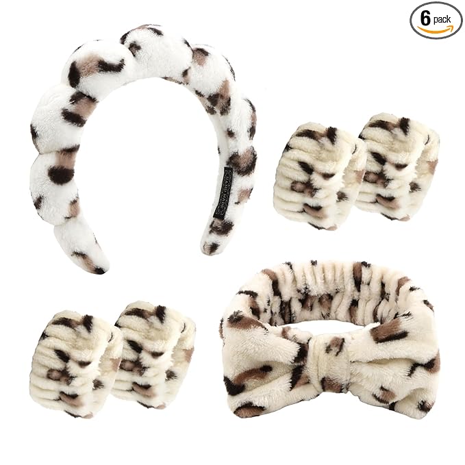 Beige Leopard Spa Headband and Wristband Set, 6 PCS Microfiber Skincare Hair Band with Bow & Cloud Design, Soft Elastic Face Washing Accessories for Makeup