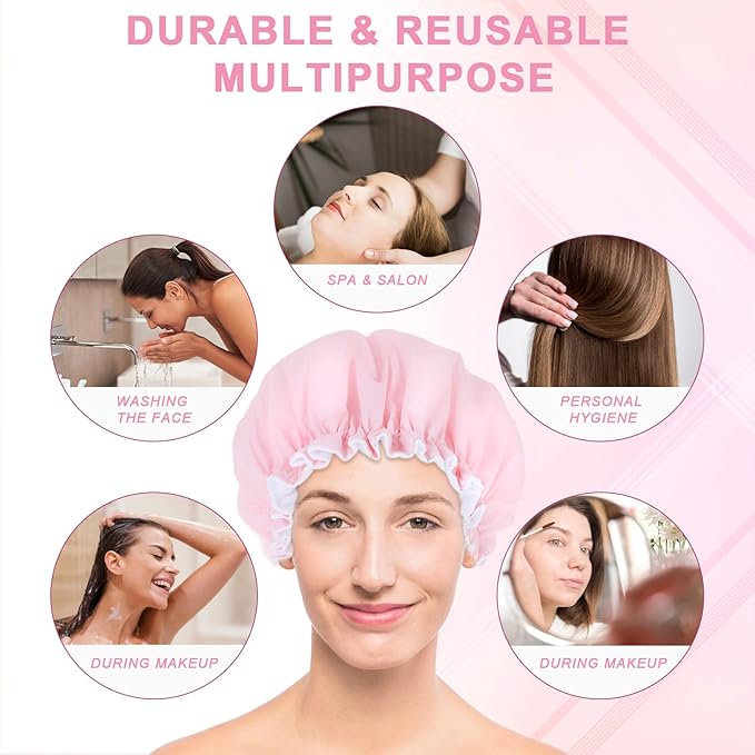Reusable Shower Caps for Women, Pink Terry Cloth Lined Shower Cap Double Layer Reusable Bath Cap Waterproof Elastic Band Hair Cap for All Hair Lengths for Women Spa Home Salon Use(Pink)