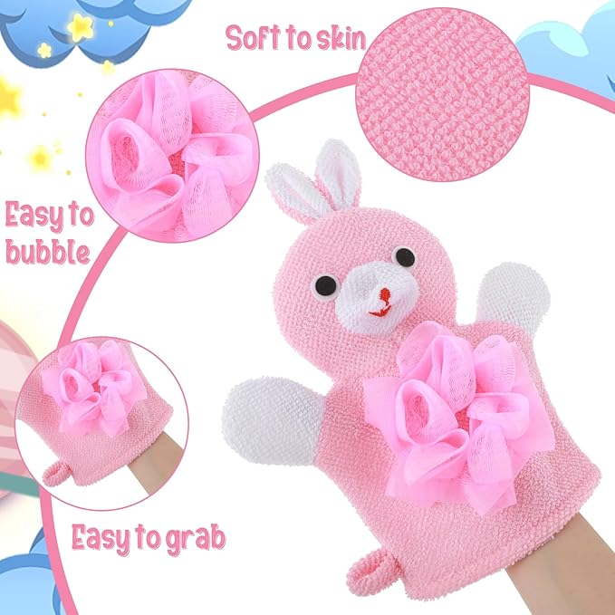 Bath Gloves Loofah for Kids, 2 Pcs Toddler Shower Sponges Body Scrubber, Cartoon Exfoliating Gloves, Cute Animal Washcloths Gloves for Body and Face Easy Lather (Yellow Duck and Pink Rabbit)